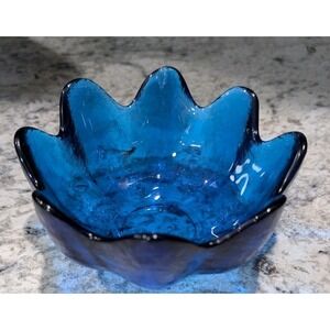 Vintage Blenko Cobalt Blue Art Glass Scalloped Petal Bowl Heavy Textured Glass